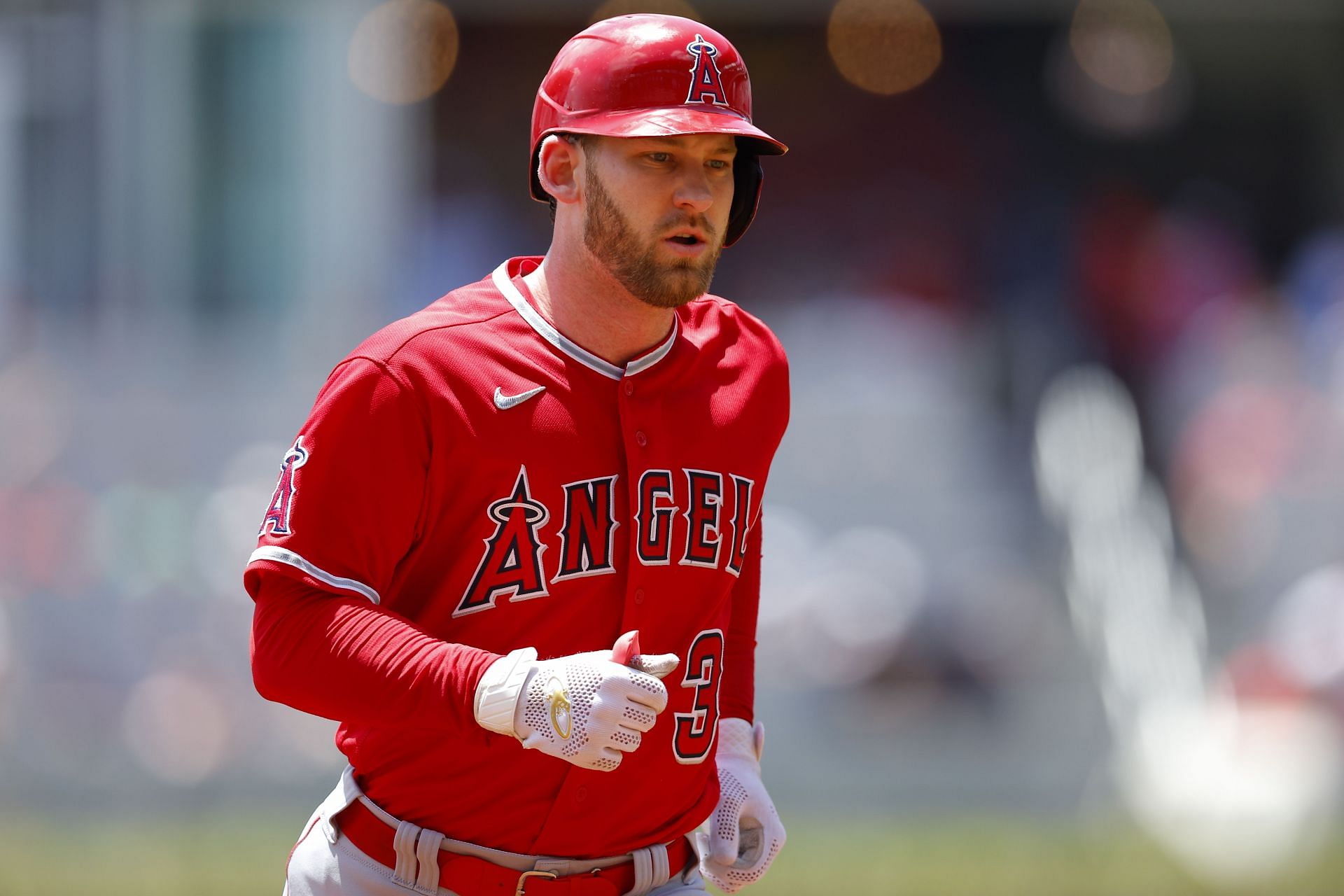Taylor Ward runs the bases during a Los Angeles Angels v Atlanta Braves game.